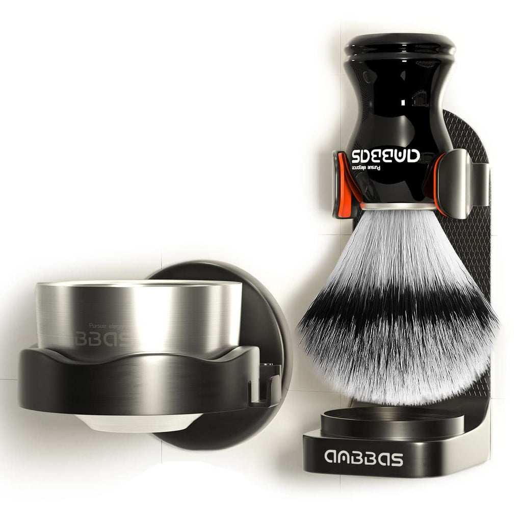 Faux Badger Hair Shaving Brush and Bowl with Black ABS Space-Saving Style Soap Bowl and Brush Holders 4IN1 Shaving
