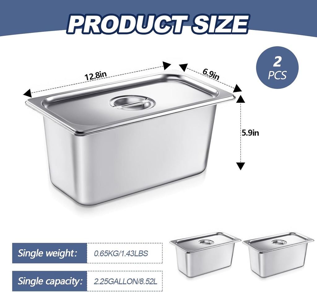 2 Pack Stainless 1/3 Size x 6 Inch Deep Steam Table Pans with Lids