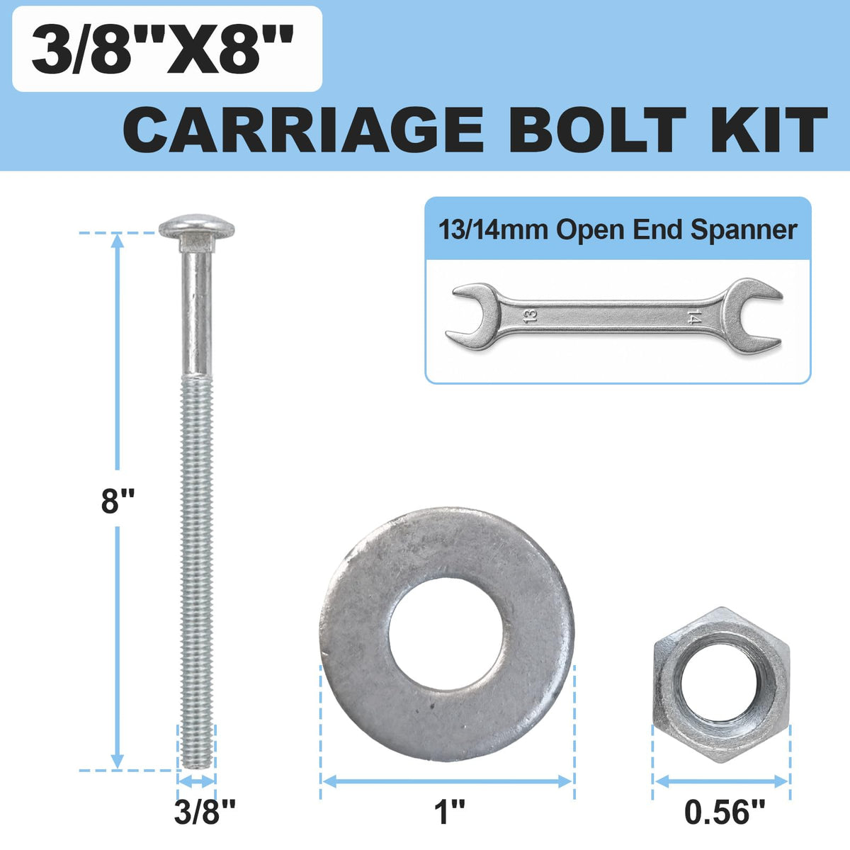 3/8" x 8" Carriage Bolt Kit 50 Pack, Grade 307A, Hot Dip Galvanized Carriage Bolt Set, Rust Resistance, Includes Hex