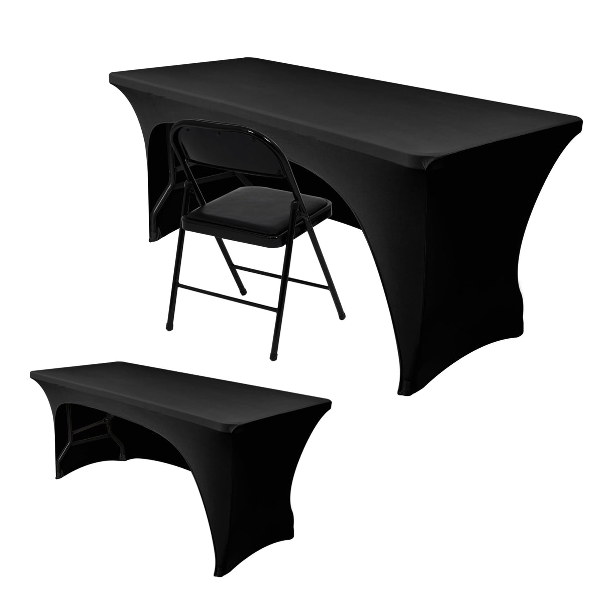 2 Pack Spandex Fitted Black Tablecloth for 4 Foot Tables-Open Back Folding Table Cover Washable Fabric Stretch, Tight