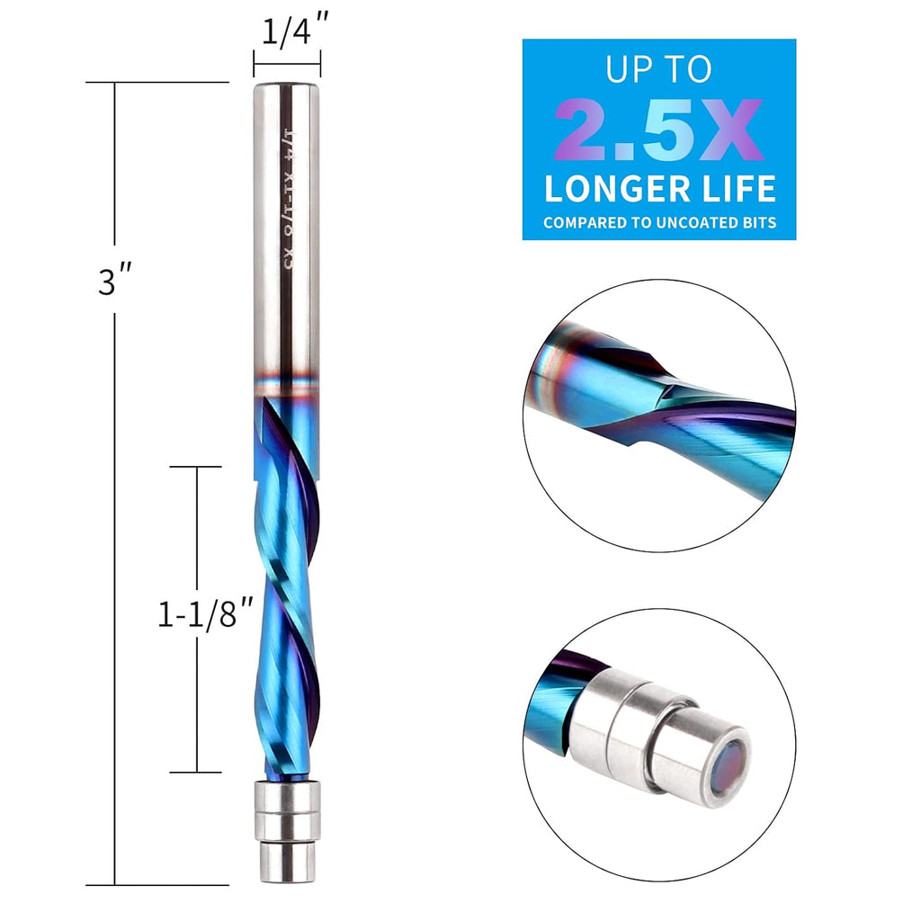 Downcut Spiral Flush Trim Router Bit, 1/4 Inch Shank Solid Carbide Flush Trim Router Bits Spiral with Nano Coated by