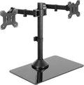 Freestanding Dual Monitor Stand with Sleek Glass Base and Adjustable Arms, Mounts 2 Screens up to 32 inch and 22 lbs