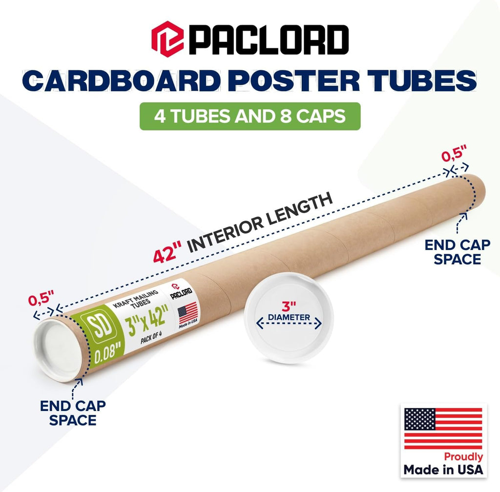 3" x 42" Made in USA Kraft Paper Mailing Tube, 4 Tubes, 8 Caps