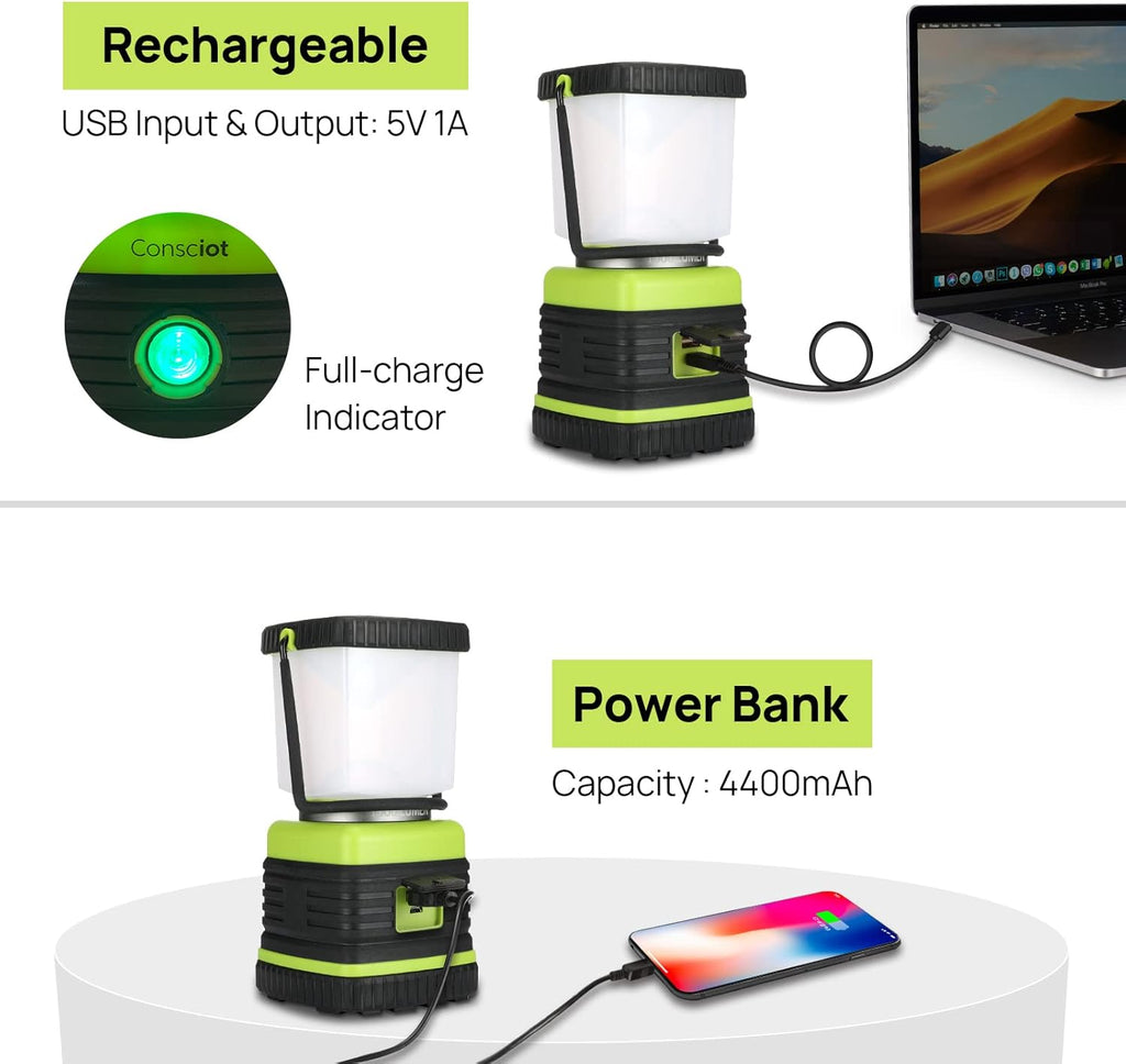 LED Camping Lantern Rechargeable, Consciot Camping Lights, 1000LM, 4 Light Modes, 4400mAh Power Bank, IPX4 Waterproof