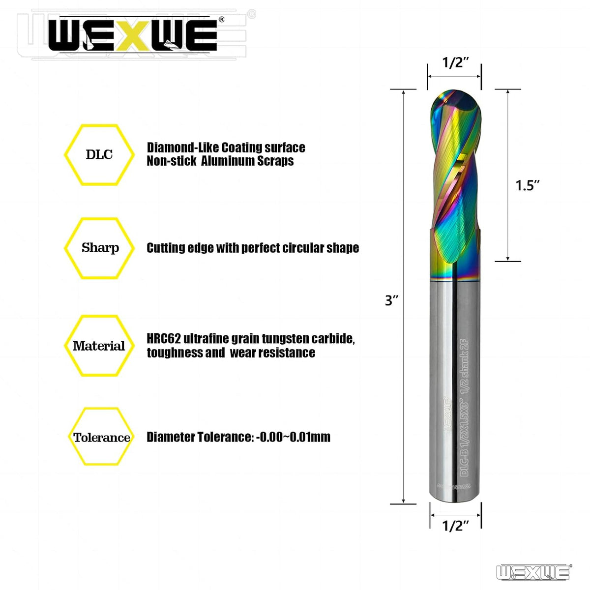 Tools Extra Long Ball Nose Carbide End Mill, DLC Coating, CNC Cutting Tools for Aluminum and Wood Cutting, 3D Carving & Engraving. 2 Flute Router Bits，1/2 Shank (1/2-3" 1pcs