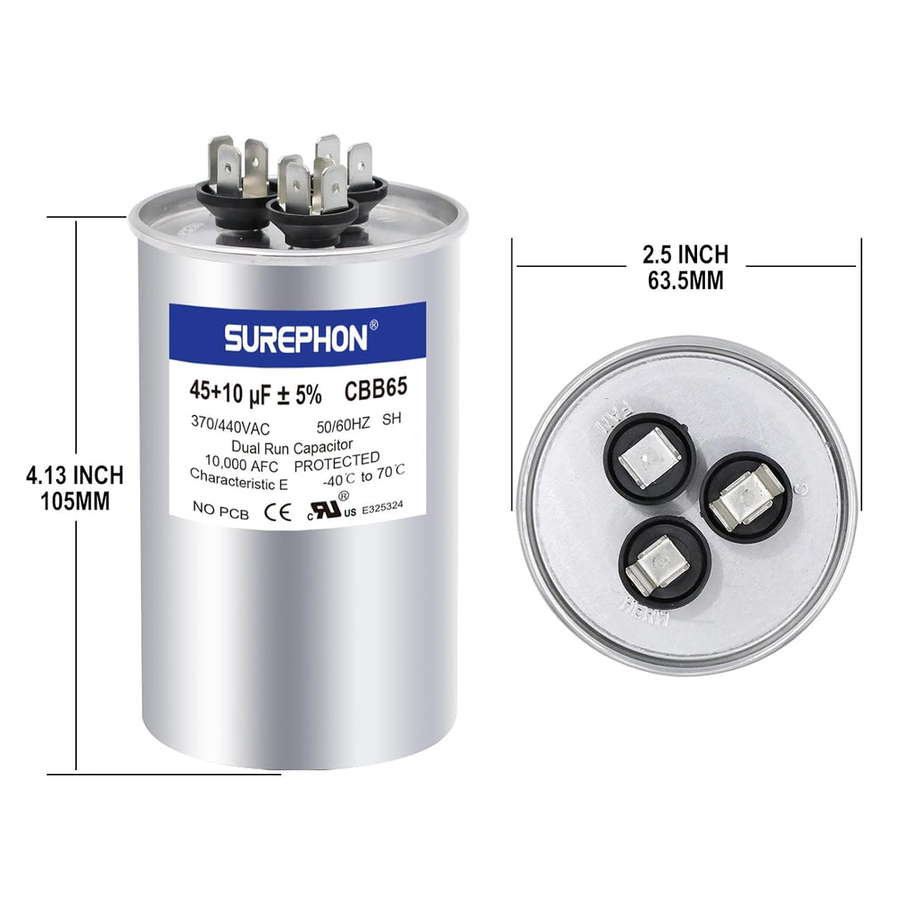 45+10 uF 45/10 MFD ±5% 370V/440VAC Dual Run Start Capacitor CBB65 Works for AC Unit Fan Motor Start or Heat Pump or Condenser Straight Cool