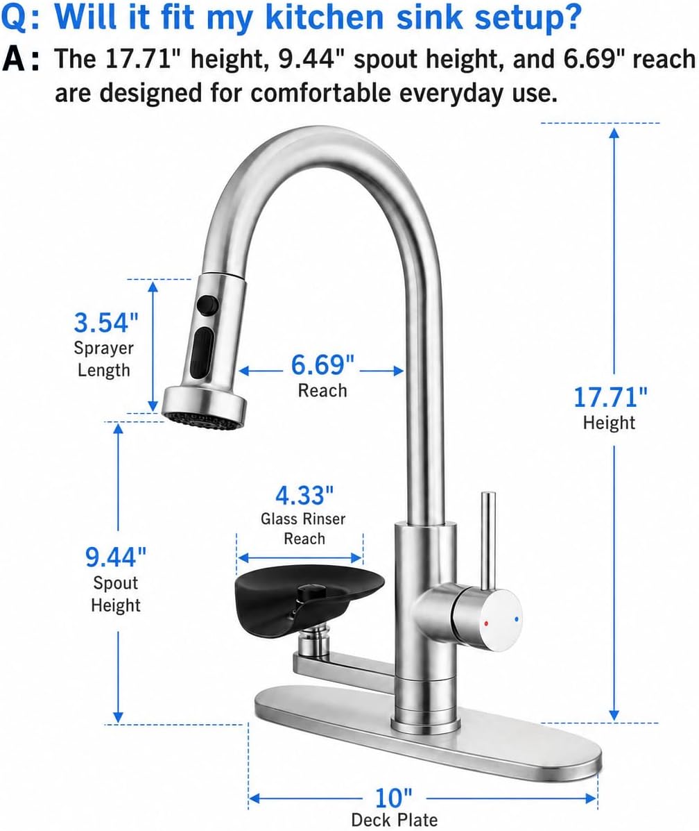 Pull Down Kitchen Faucet with Glass Rinser, 3 Spray Modes, Brushed Nickel