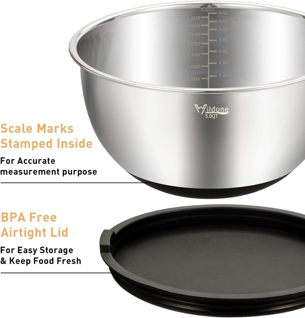 Mixing Bowls with Airtight Lids Set, 5PCS Stainless Steel Nesting Bowls for Kitchen, with Grater Attachments &