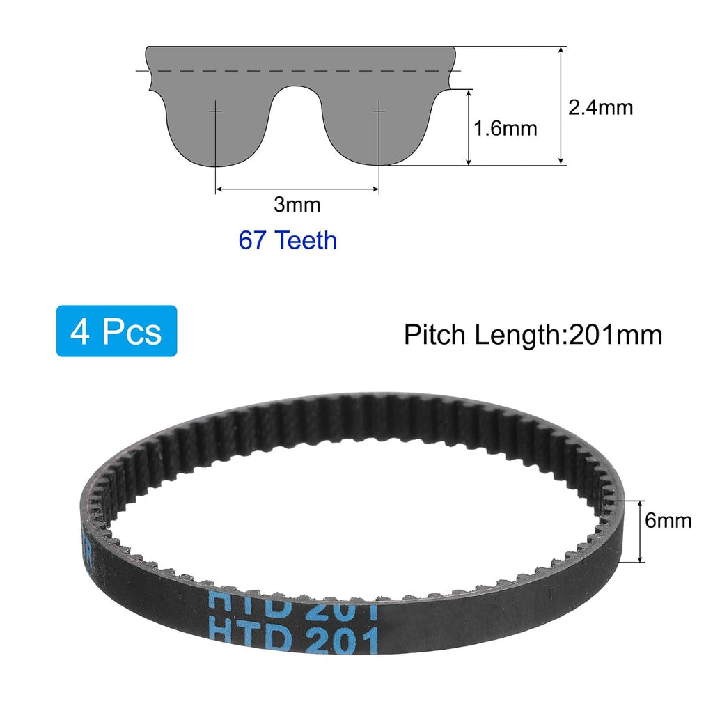 uxcell 4pcs HTD-3M Rubber Timing Belt 67 Teeth, 201mm Pitch Length x 6mm Width x 2.4mm Height, Closed Loop Pulley Timing Belt