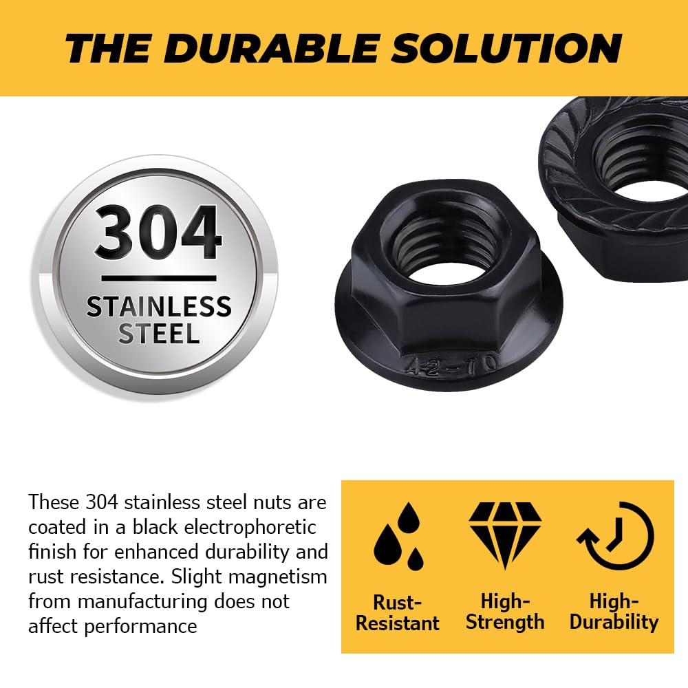 200pk M4-0.7 Black Flange Nuts, 304 Stainless Serrated Flange Lock Nuts
