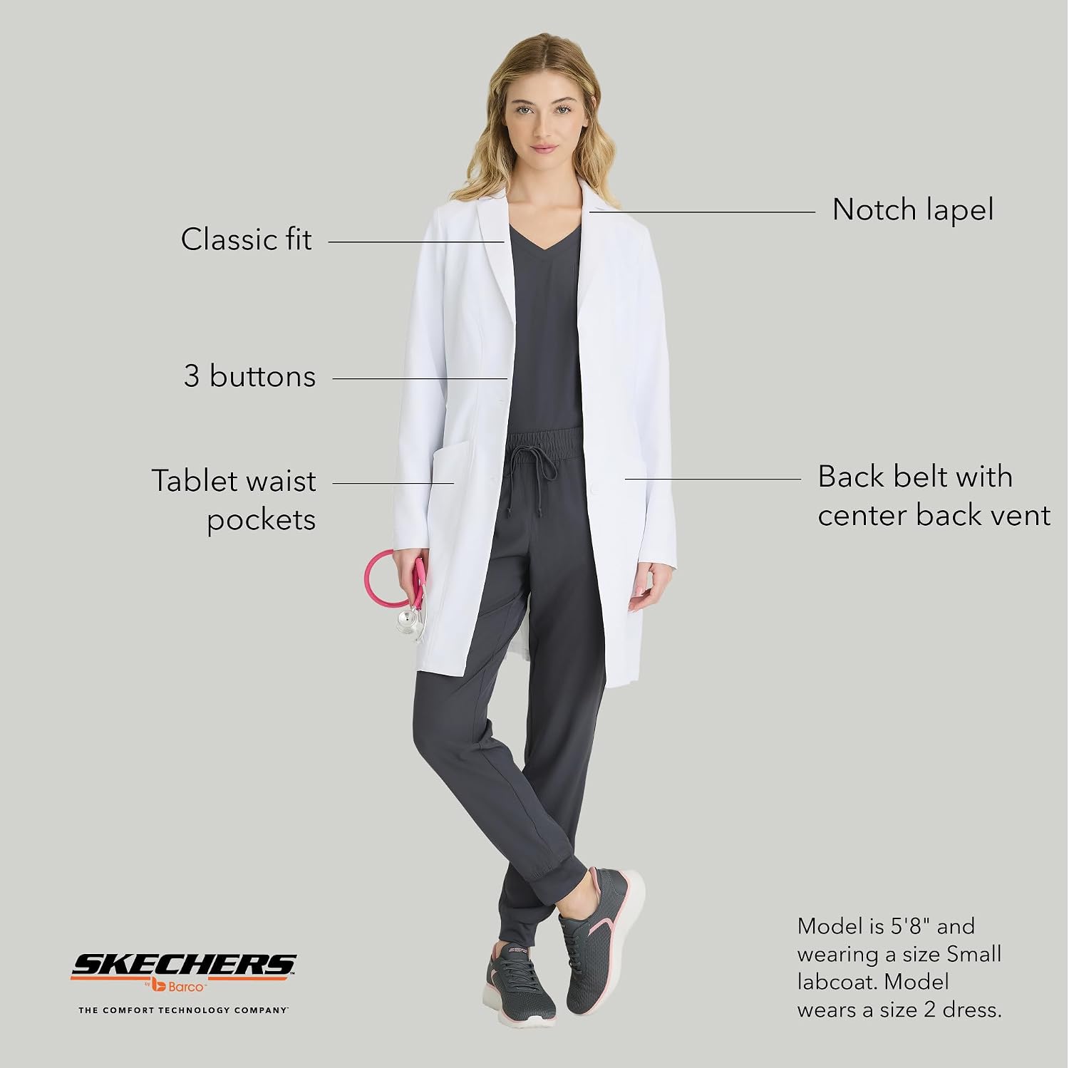 Skechers by BARCO Flourish Lab Coat for Women – 3-Pocket, 3-Button Medical Scrub Coat w/ 2-way Stretch & Soil Release