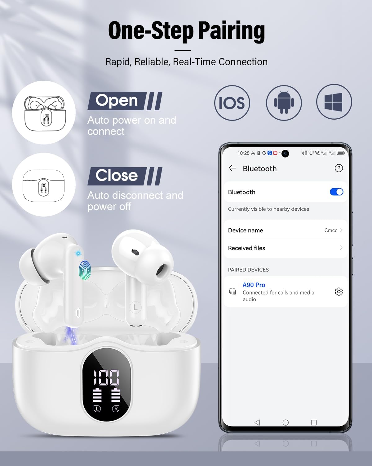 Wireless Earbuds, Bluetooth 5.4 Headphones Bass Stereo, Ear Buds with Noise Cancelling Mic, LED Display in Ear