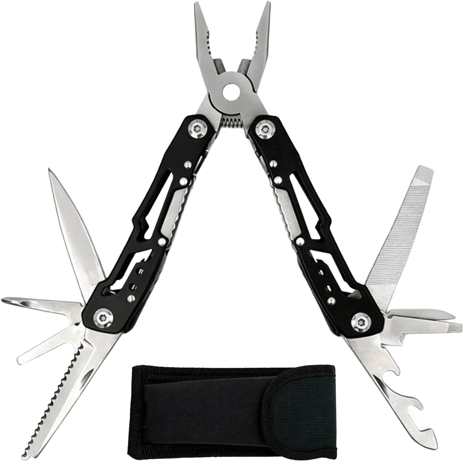 14-in-1 Safety-Locking Stainless Steel Multitool Pliers – Folding Pocket Knife with Screwdrivers, Bottle Opener &