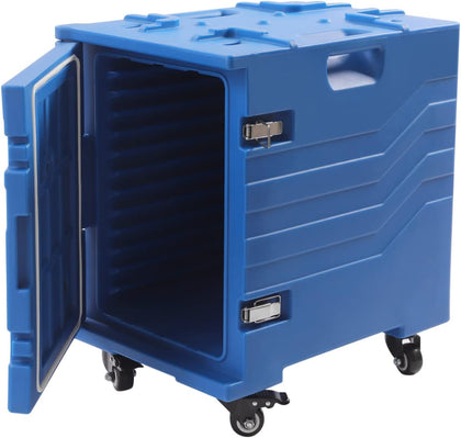 Insulated Food Pan Carrier 82 Qt, PE Food Box Carrier w/One-Piece Buckle and Wheels, Handles, Stackable End Loader