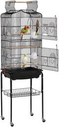 64'' Open Top Bird Cage for Parakeets & Cockatiels, Black | Detachable Rolling Stand with Shelf, Easy Clean Slide Out