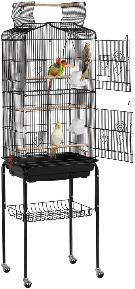 64'' Open Top Bird Cage for Parakeets & Cockatiels, Black | Detachable Rolling Stand with Shelf, Easy Clean Slide Out