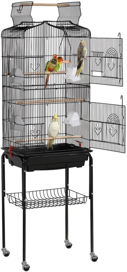 64'' Open Top Bird Cage for Parakeets & Cockatiels, Black | Detachable Rolling Stand with Shelf, Easy Clean Slide Out