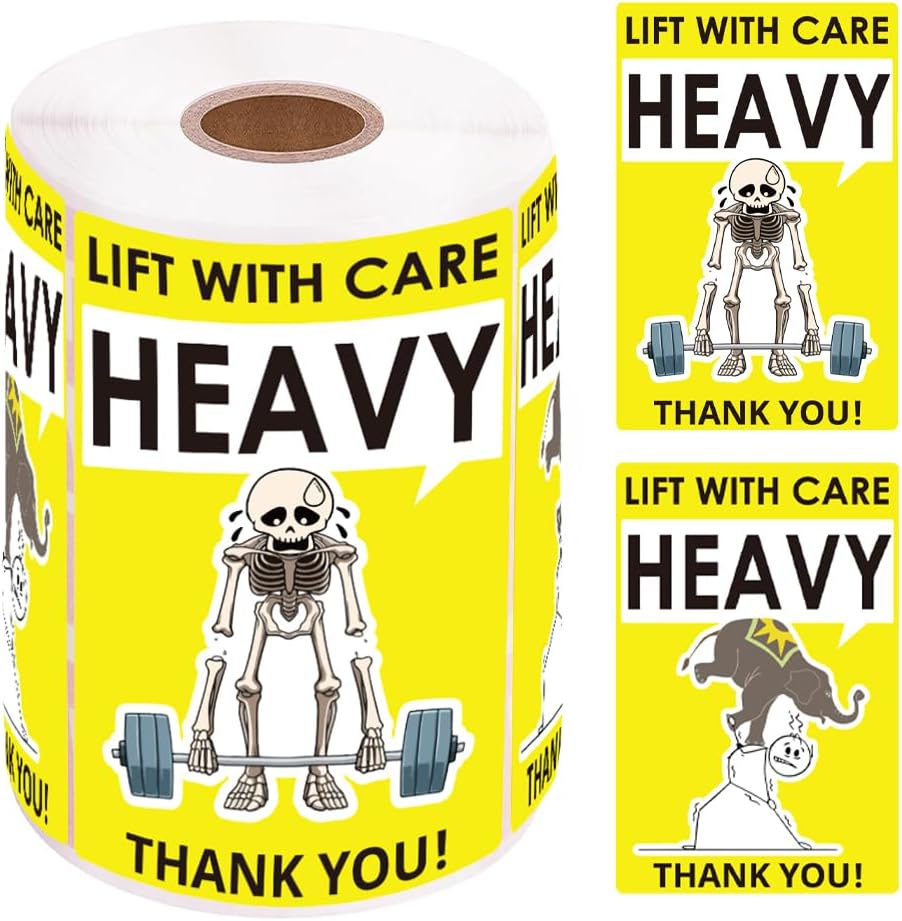 3x2 Inch Heavy Lift with Care Stickers, Strong Adhesive Labels for Shipping, Funny Skeleton & Elephant Design