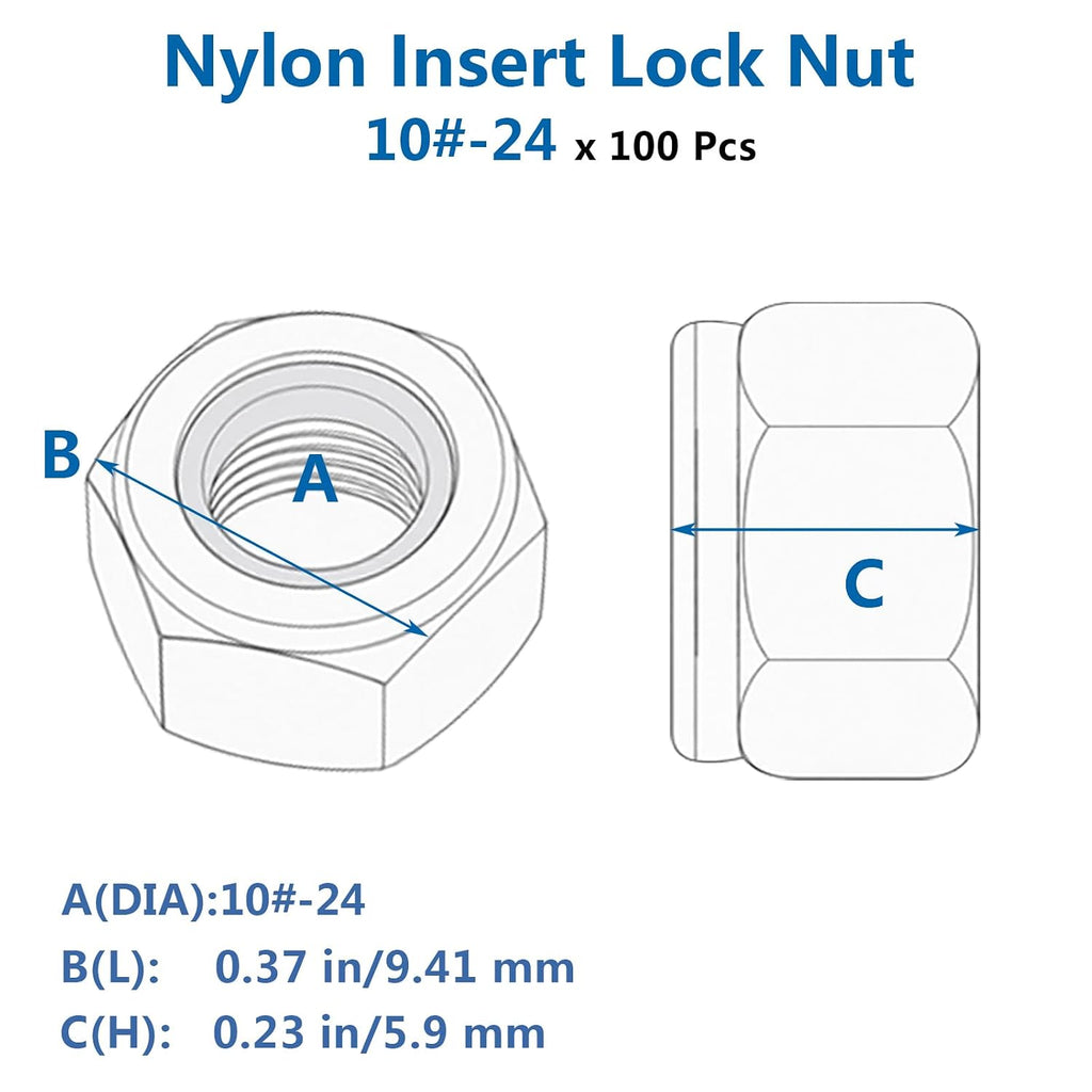 #10-24 Nylon Insert Locknuts,Type 316 Stainless Steel Coarse Thread Hex Nut