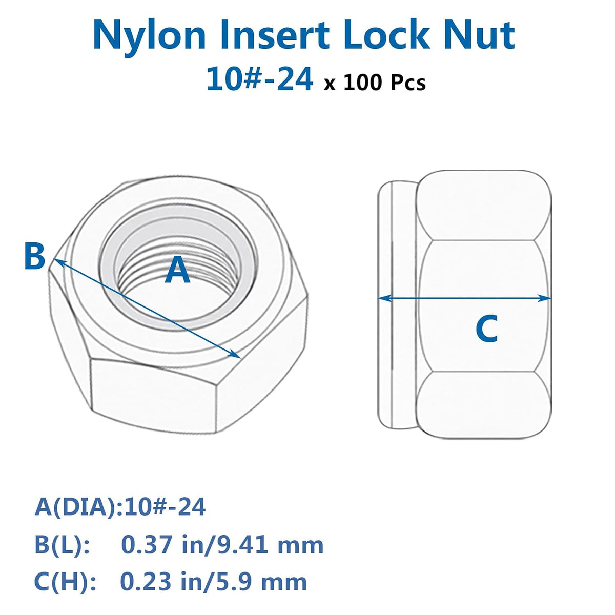 #10-24 Nylon Insert Locknuts,Type 316 Stainless Steel Coarse Thread Hex Nut