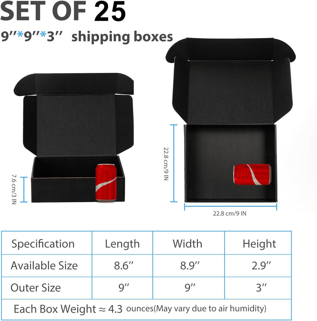 9x9x3 Black Shipping Boxes for Small Business, Packing, 25 Pack