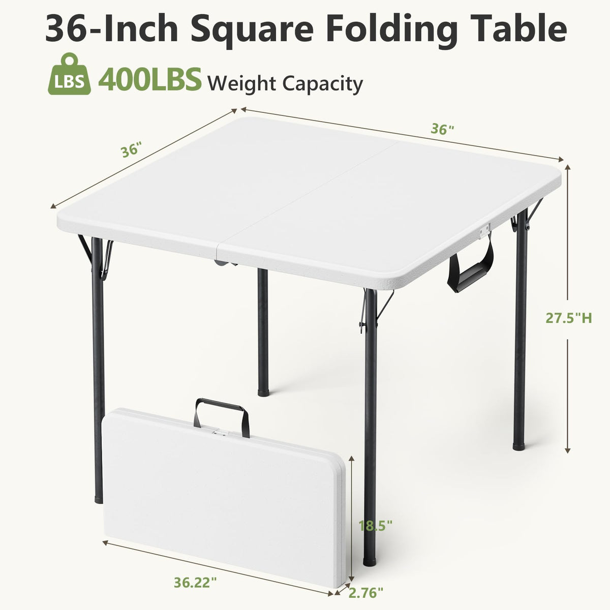 Folding Table, 36 Inch Square Foldable Card Table with Carrying Handle, Heavy Duty Fold-in-Half Portable Table No