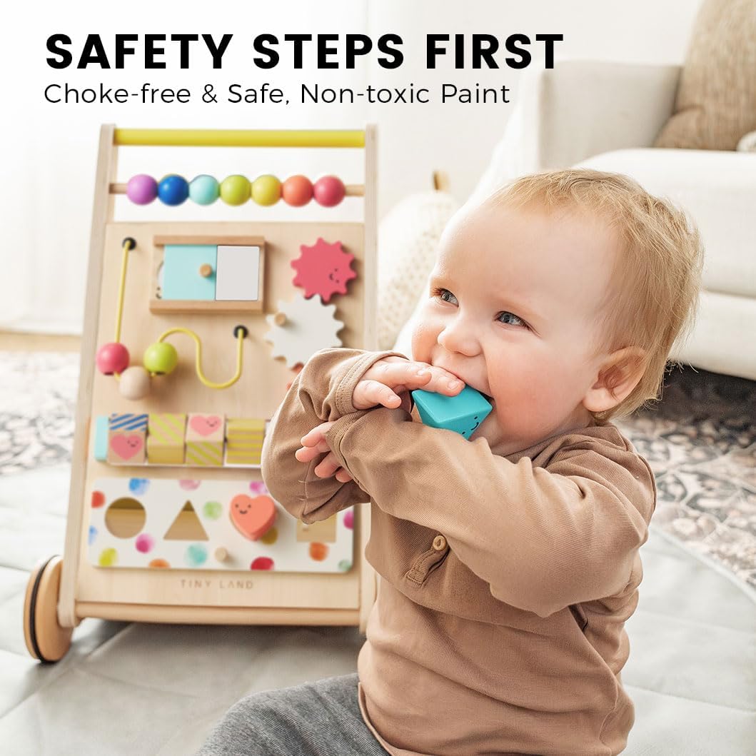 Wooden Baby Walker with Activity Center, Montessori Push Walker | Adjustable speed for beginners, From sitting play