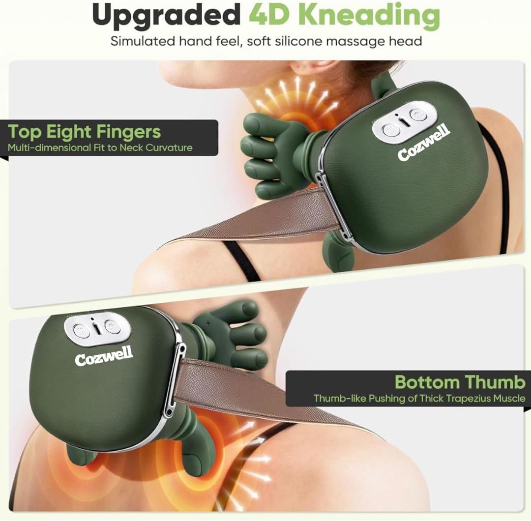 4D Wireless Neck Shoulder Massager - Upgraded 5 Mode-Massage System, Extended Battery, BPA-Free, Vegan Leather Strap