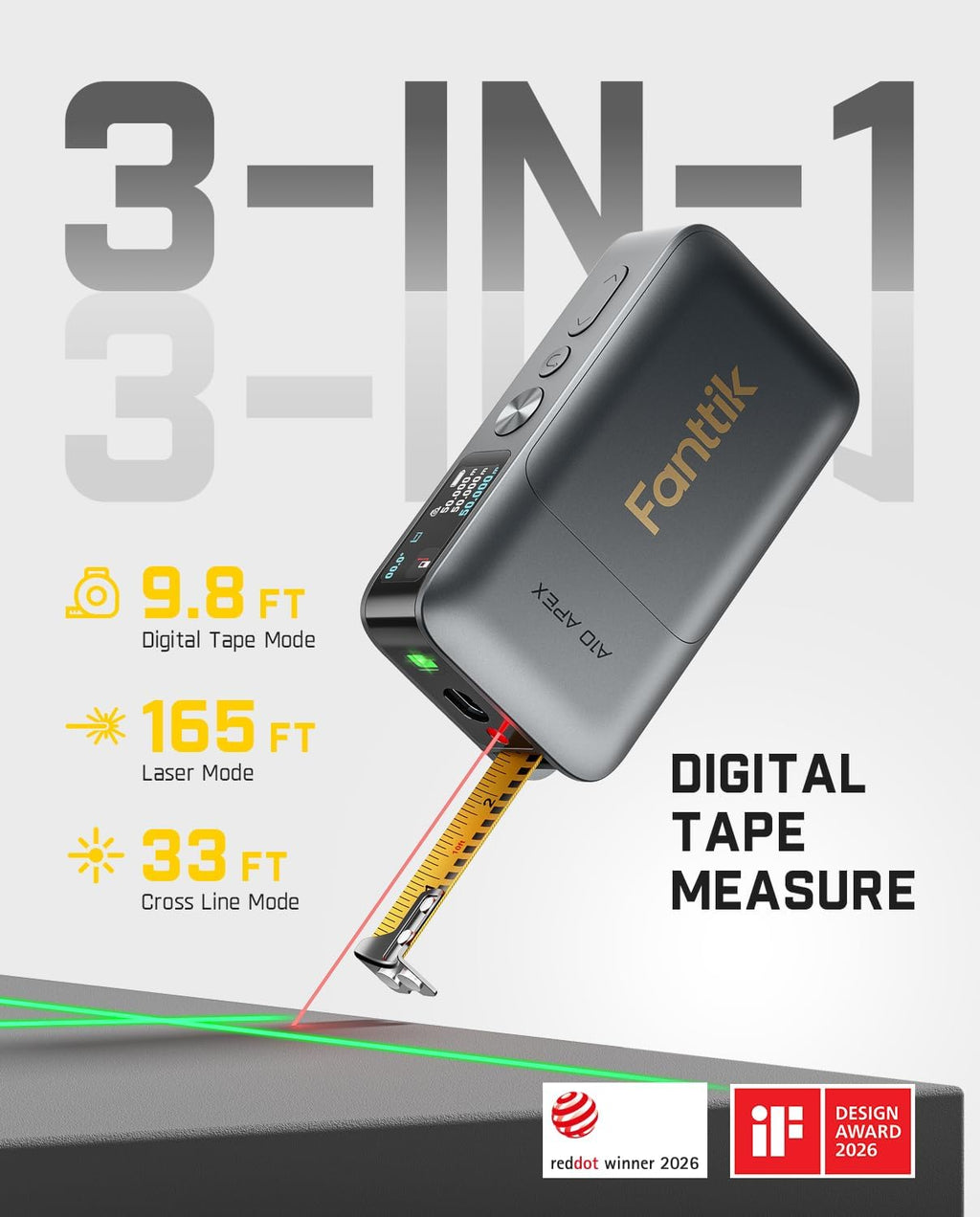 A10 Apex 3-in-1 Digital Laser Tape Measure with HD Color Display, 165Ft Rechargeable Laser Measurement & 32Ft Green