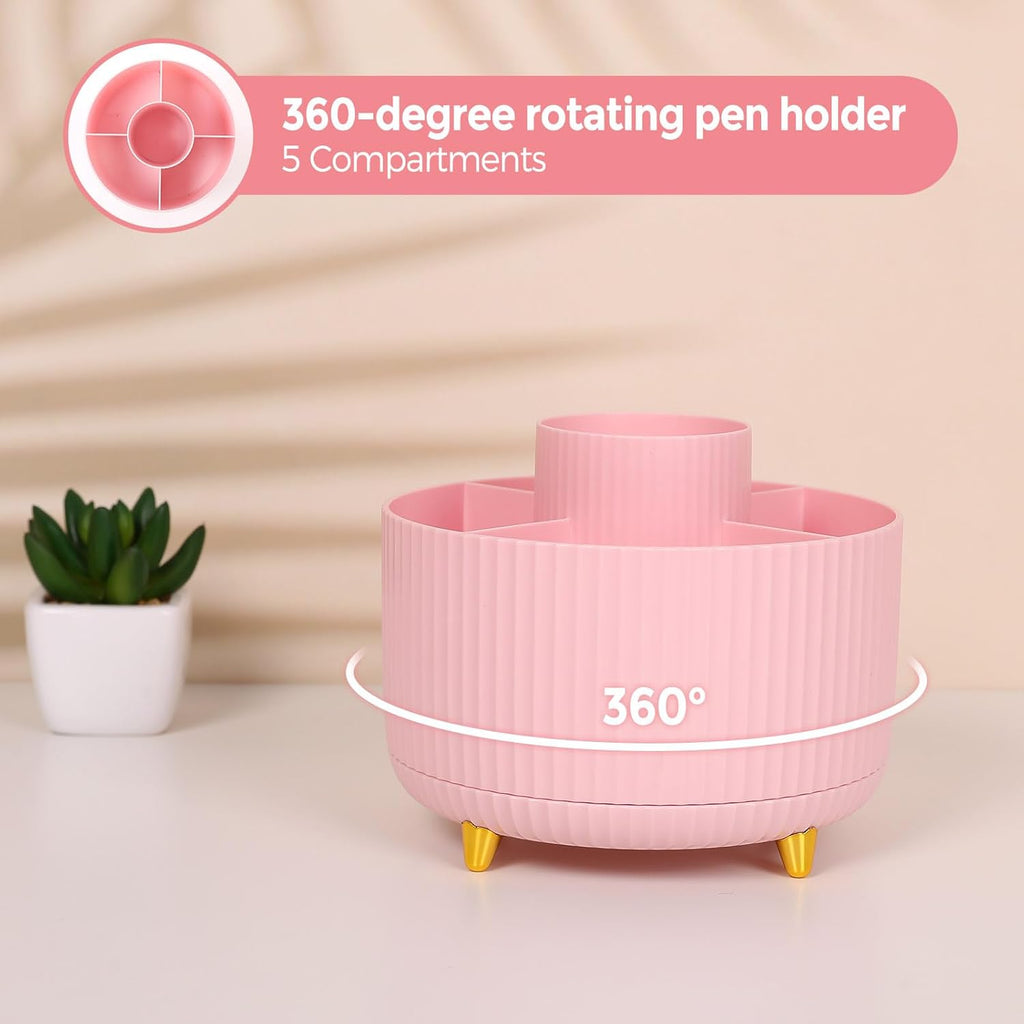 Pink Desk Accessories 10Pcs, Rotating Pen Holder for Desk, Stapler, Staple Remover, Tape Dispenser,2pcs Tape Refills