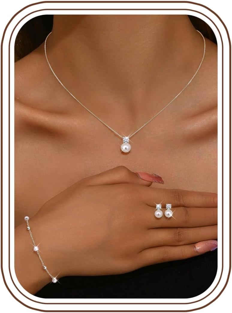 Pearl Jewelry Set for Women Wedding, Dainty 14K Gold/Silver Plated Bridal Necklace Pearl Drop Earrings Bracelet Set