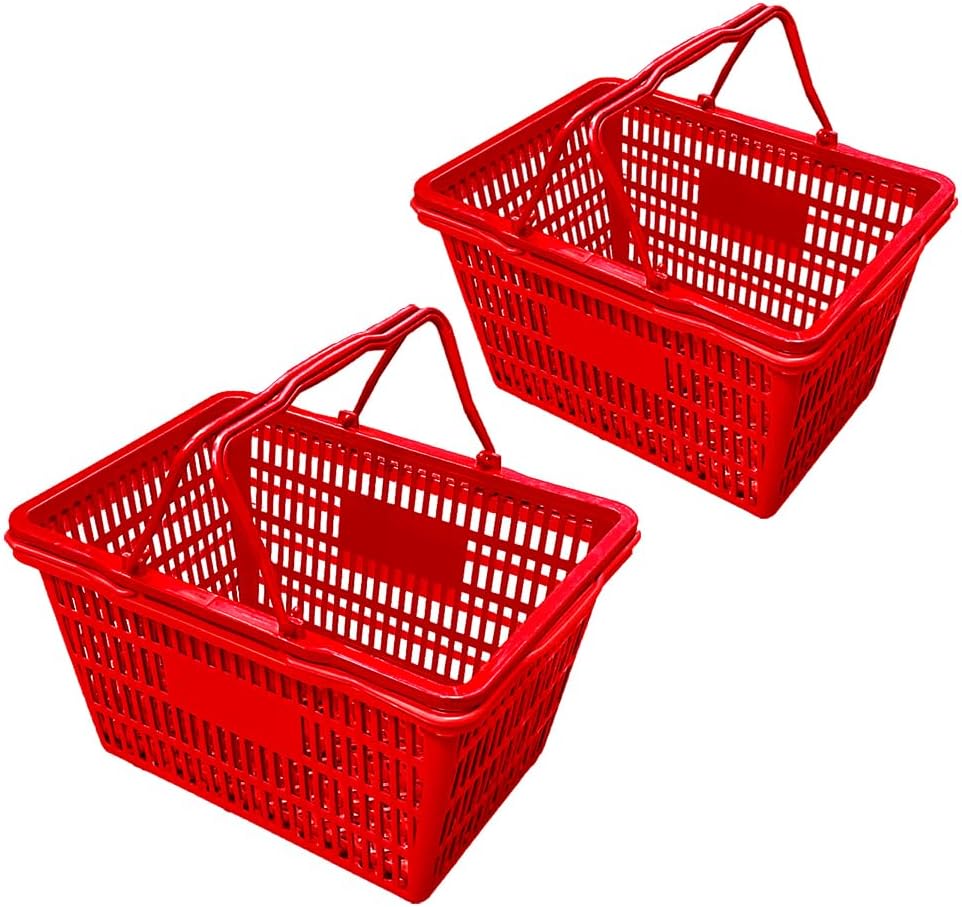 Stackable Plastic Shopping Baskets, Red and Blue, Easy-Grip Handles for Grocery, Retail, Liquor Stores, Home Use