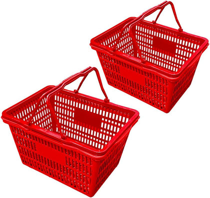 Stackable Plastic Shopping Baskets, Red and Blue, Easy-Grip Handles for Grocery, Retail, Liquor Stores, Home Use