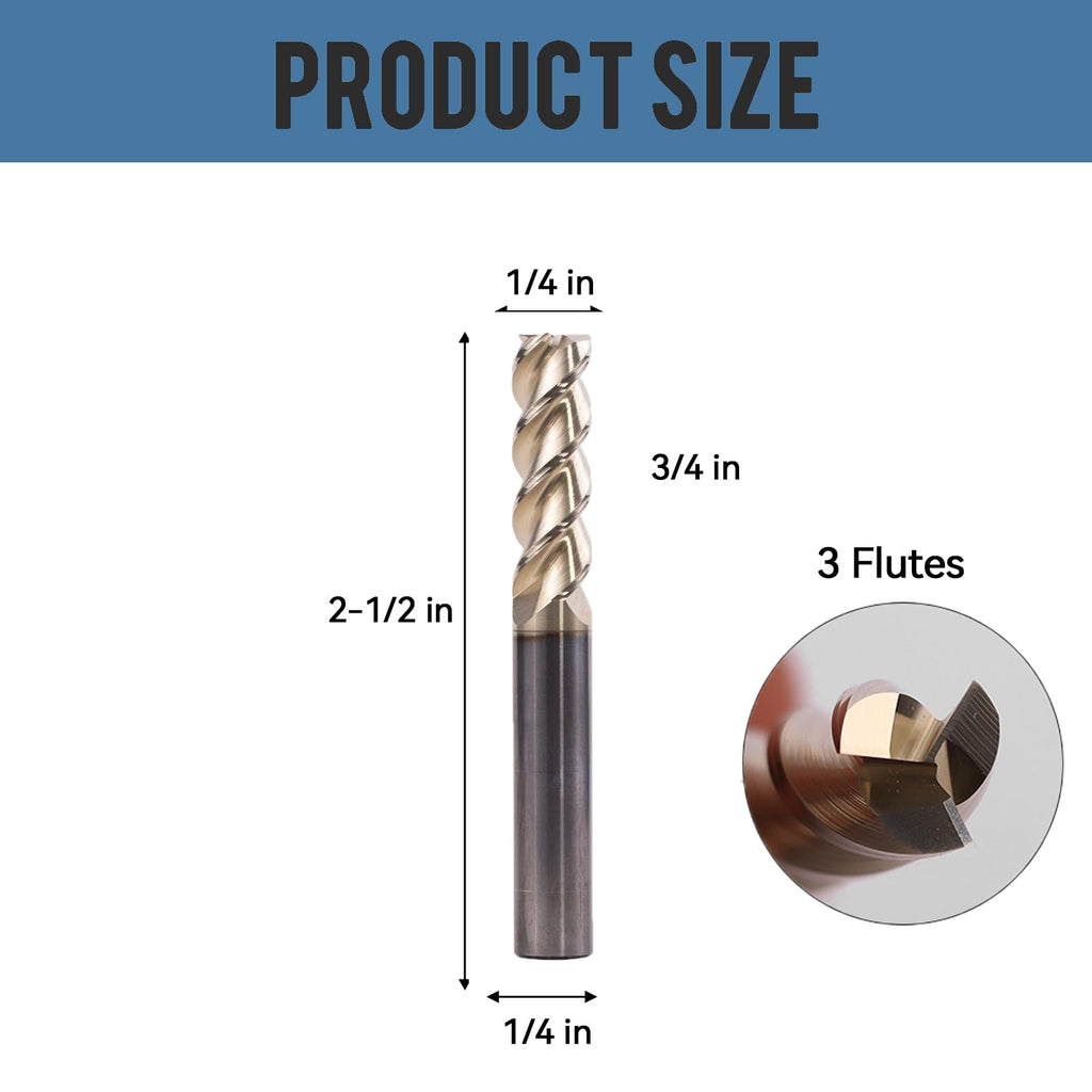 XYunEnZ 1/4" 3-Flute Square End Mill ZrN Coated Carbide, 5Pcs