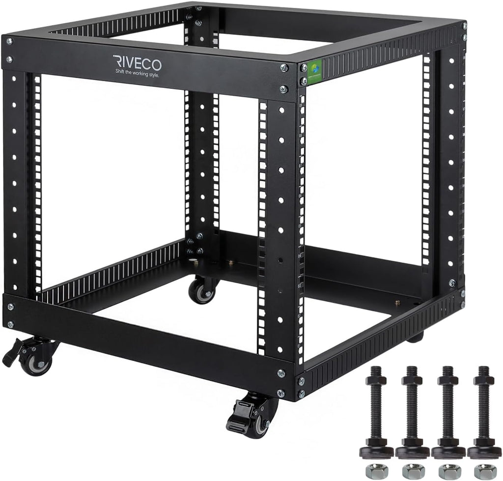 RIVECO 9U Open Frame Server Rack with Casters- Heavy Duty 4 Post Quick Assembly 19-inch, Stereo Rack Network Cabinet Black