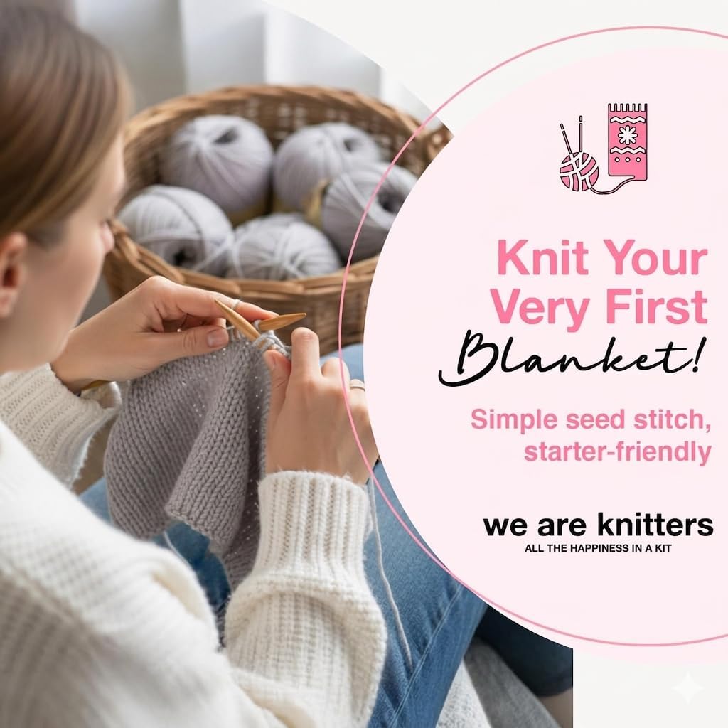 Blanket Knitting Kit for Beginners – DIY Cotton Throw Starter Set with Knitting Needles, Sewing Needle, Textile Label