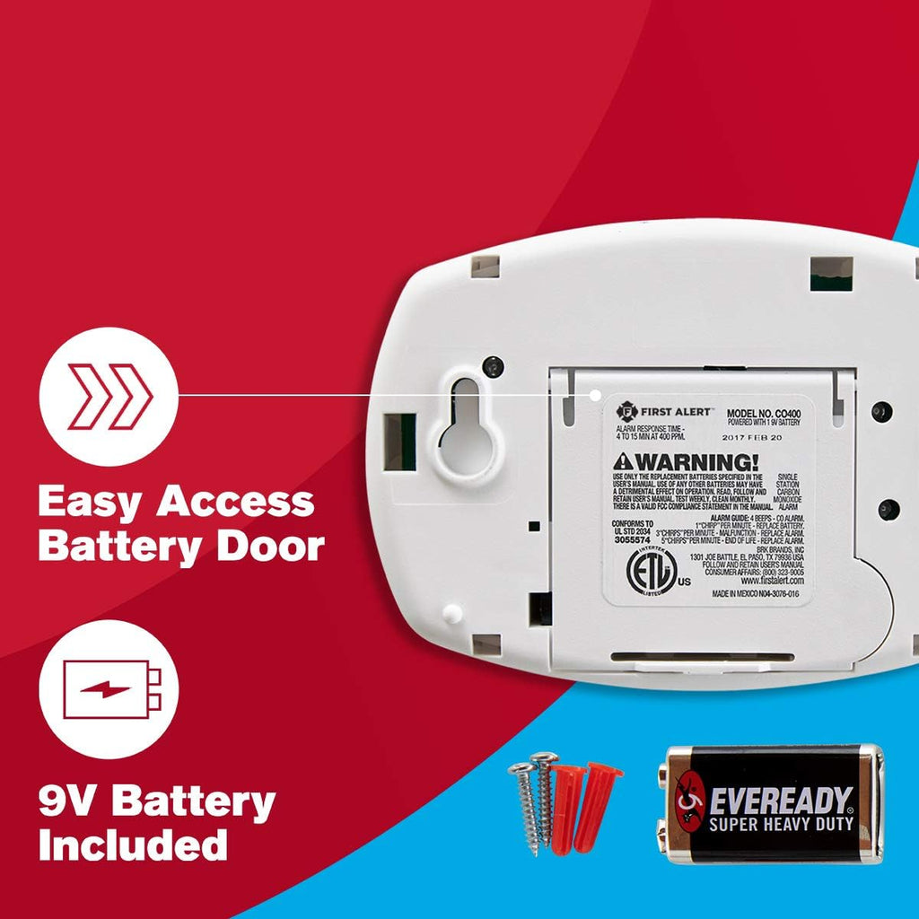 CO400 Carbon Monoxide (CO) Detector, Battery Operated Alarm, 1-Pack