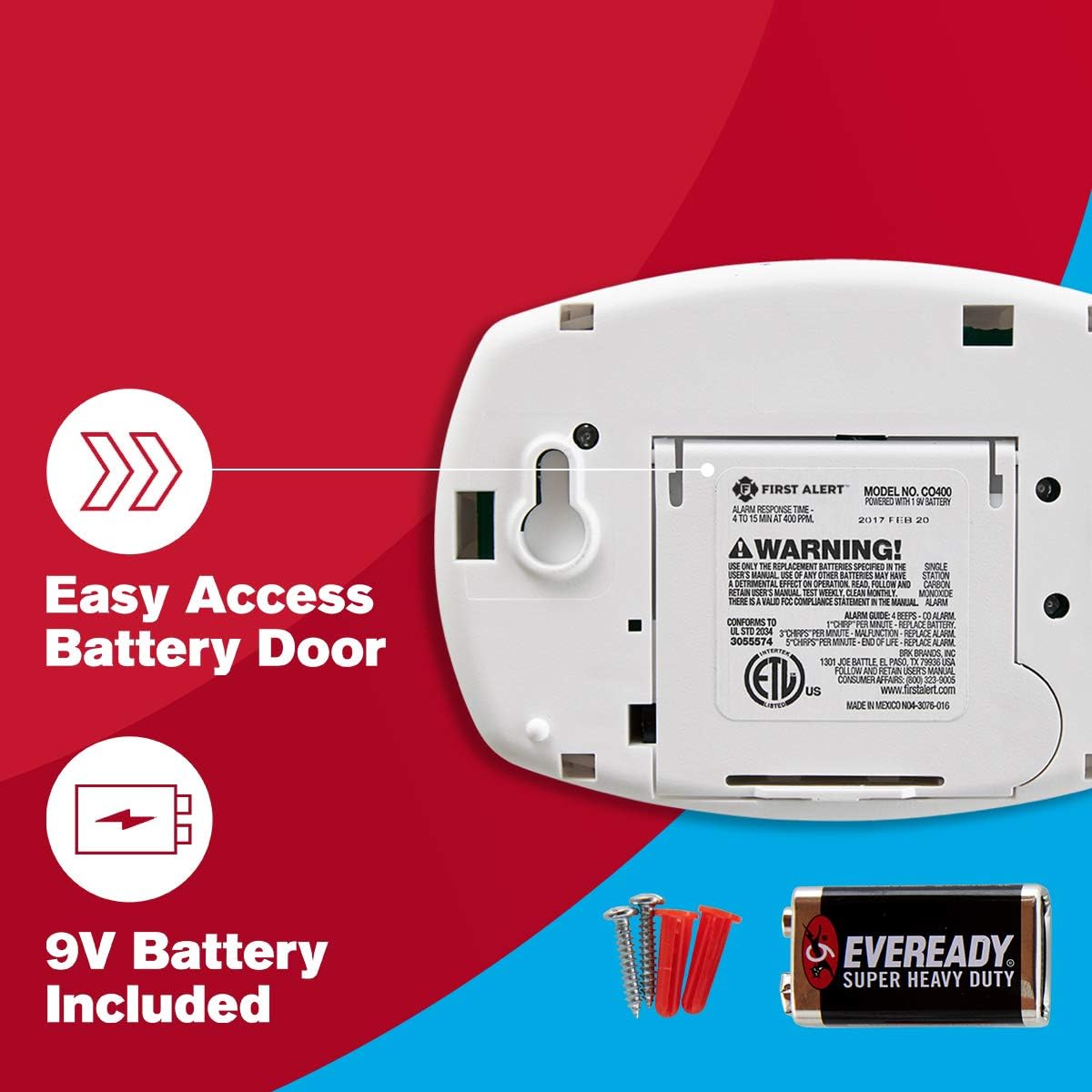 CO400 Carbon Monoxide (CO) Detector, Battery Operated Alarm, 1-Pack