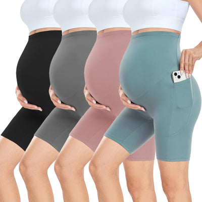 4 Pack Soft Maternity Biker Shorts Over Belly with Pockets 8"