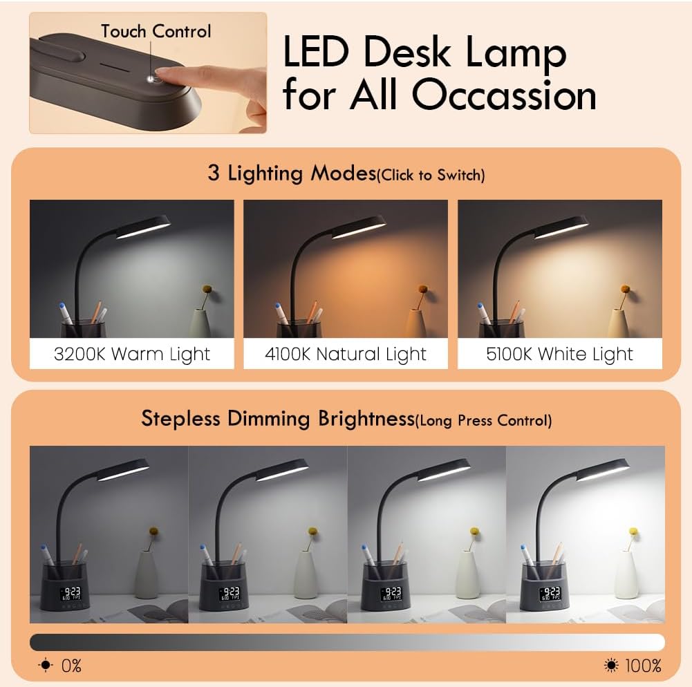 LED Desk Lamp for College Dorm Room Essentials, Students Study Lamp with USB Charging Port, Pen Holder, Clock & RGB
