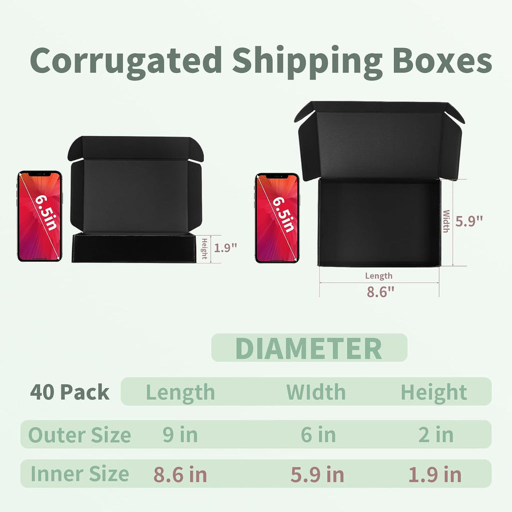 40 Pack 9x6x2 Inches Black Shipping Boxes, Cardboard Corrugated Mailer Boxes for Packaging Small Business, Small Gift