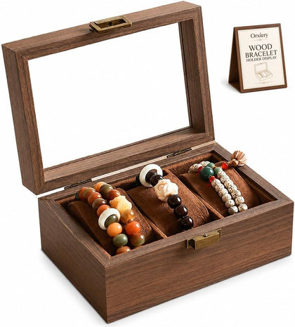 Bracelet Holder Display Wooden Jewelry Organizer Box Lid Bangles Watches | Bangle Storage Case with Velvet Cushions