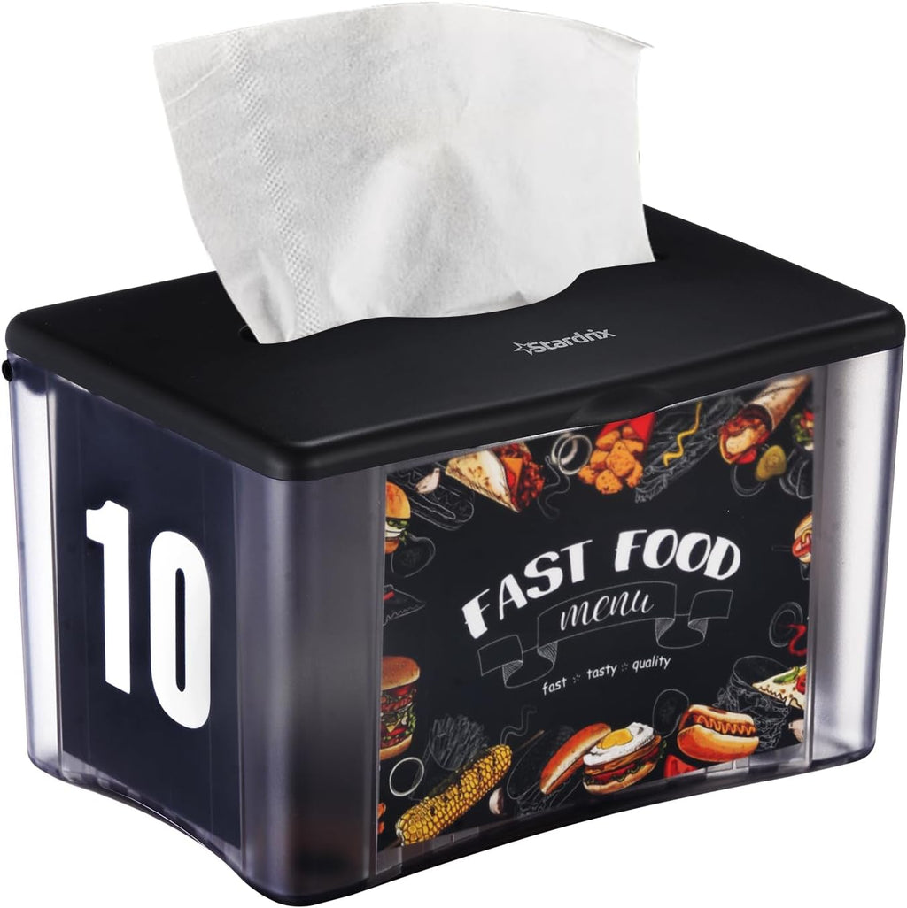 Interfold Tabletop Napkin Holder, Spring Loaded Commercial Restaurant Napkin Dispenser with 4-Sided Marketing Insert