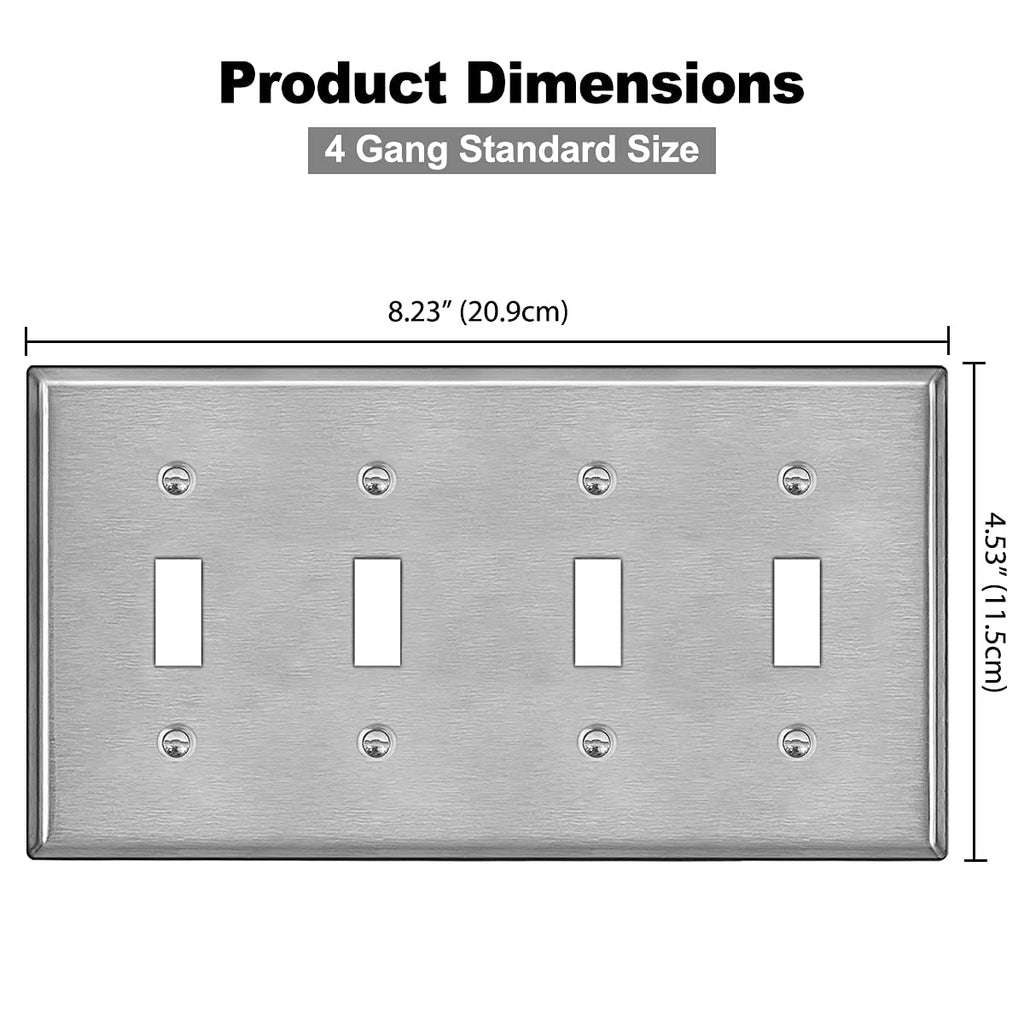 BESTTEN 4 Gang Toggle Switch Metal Wall Plate, Standard Size, Silver