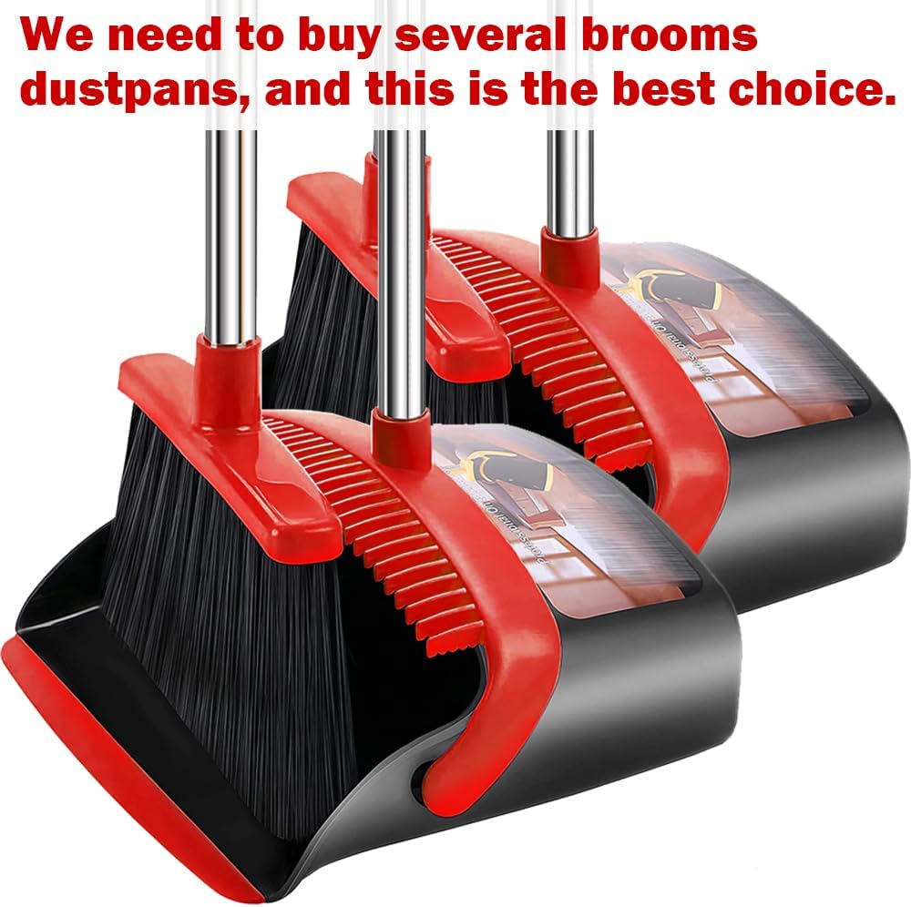 2-Pack is More economical,Brooms with Dustpan Combo Set， with 52" Long Handle, Dustpan Teeth with self-Cleaning