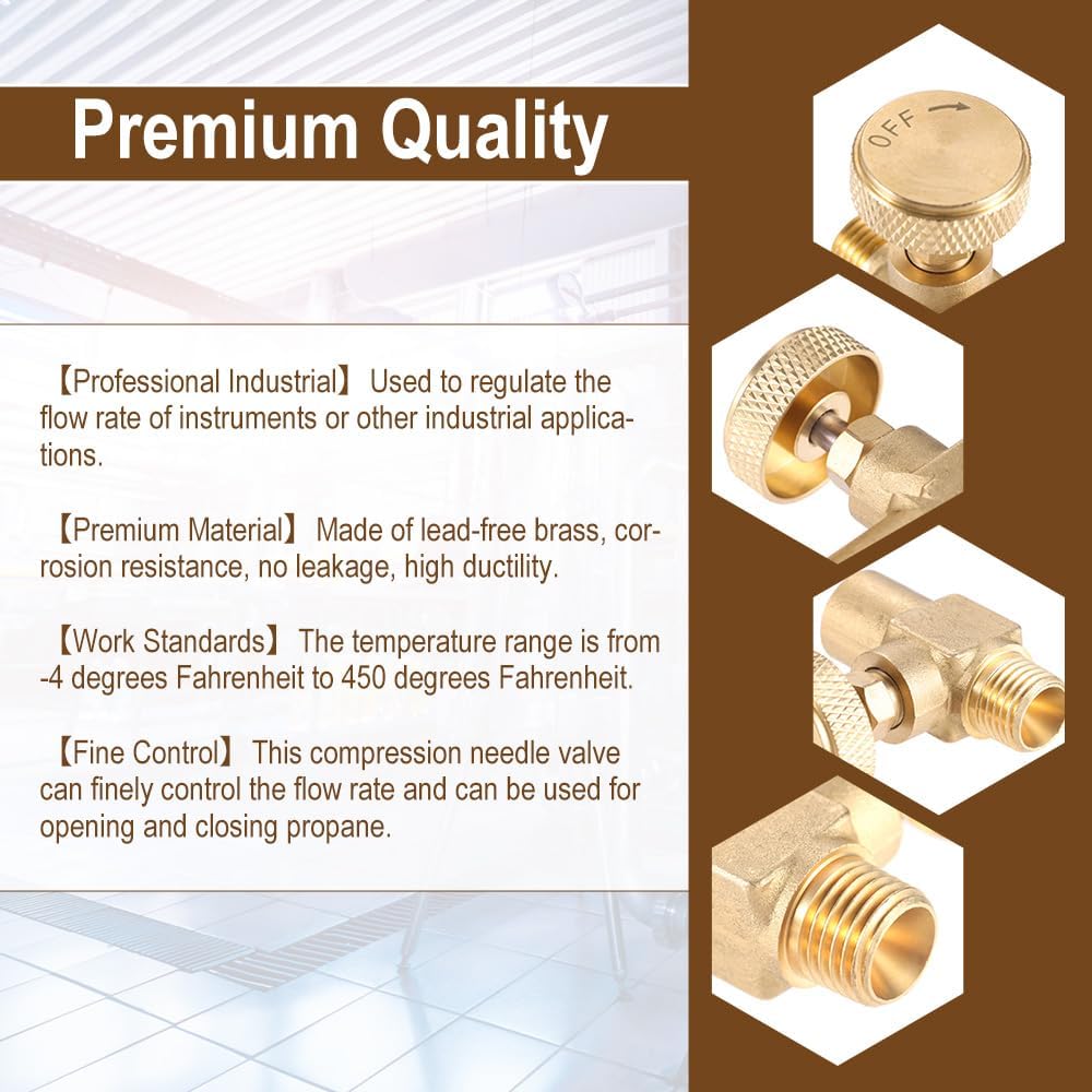 Yetaha 2Pcs Golden Brass 1/4" NPT Propane Flow Control Needle Valve