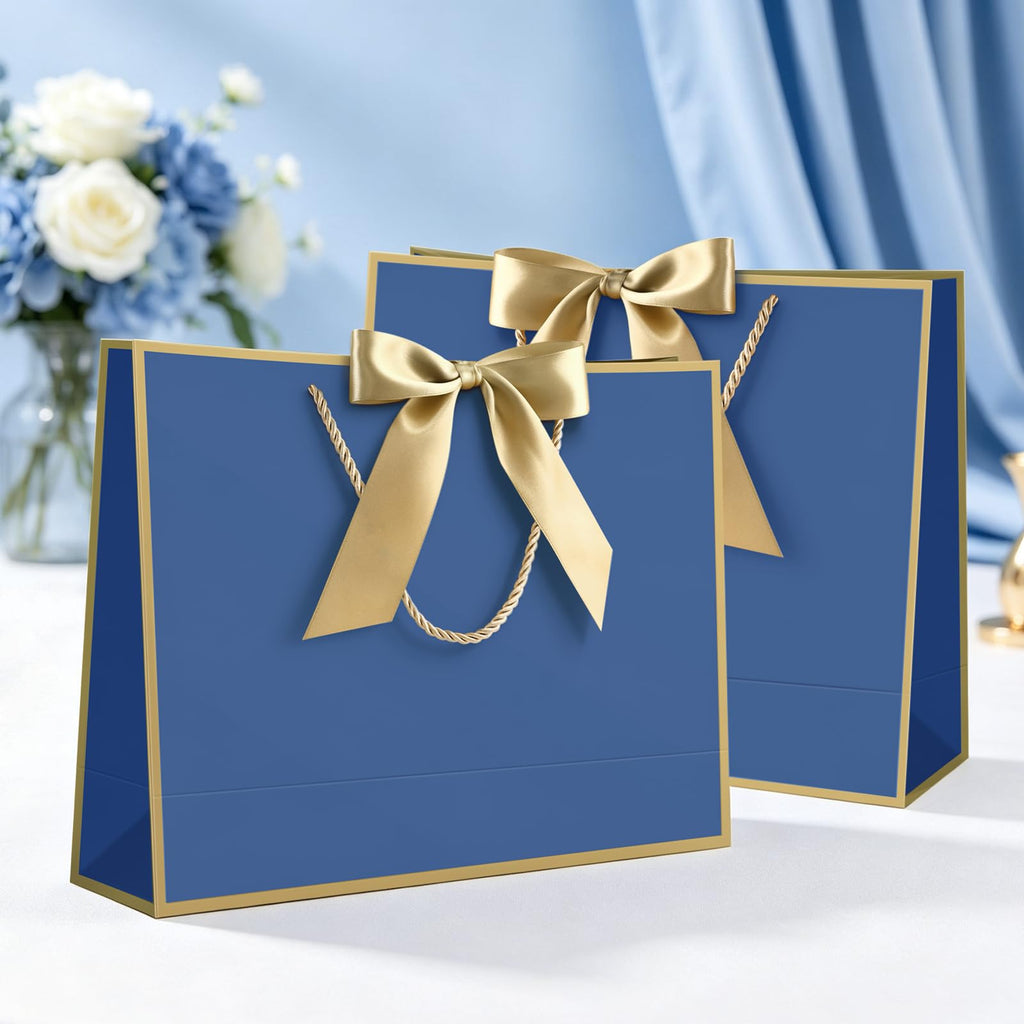 12 Pcs Blue Paper Gift Bags with Ribbon Handle