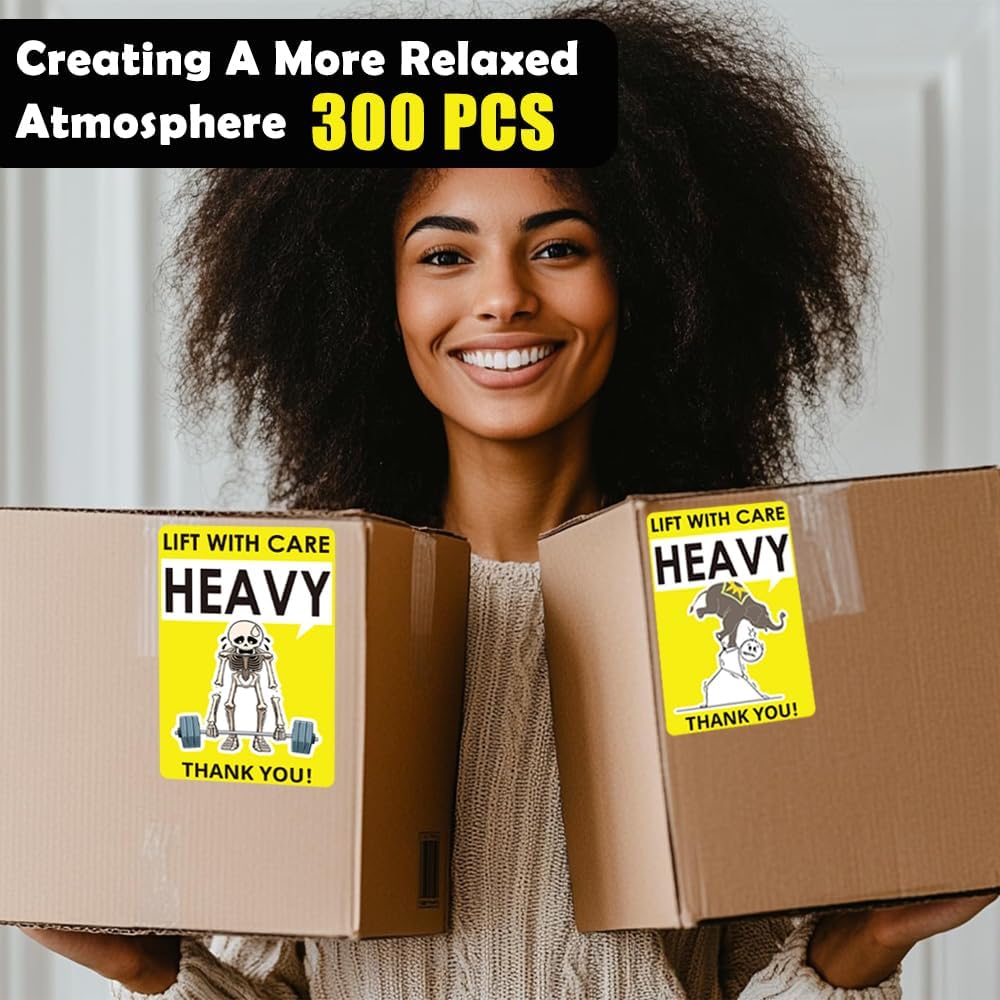 3x2 Inch Heavy Lift with Care Stickers, Strong Adhesive Labels for Shipping, Funny Skeleton & Elephant Design
