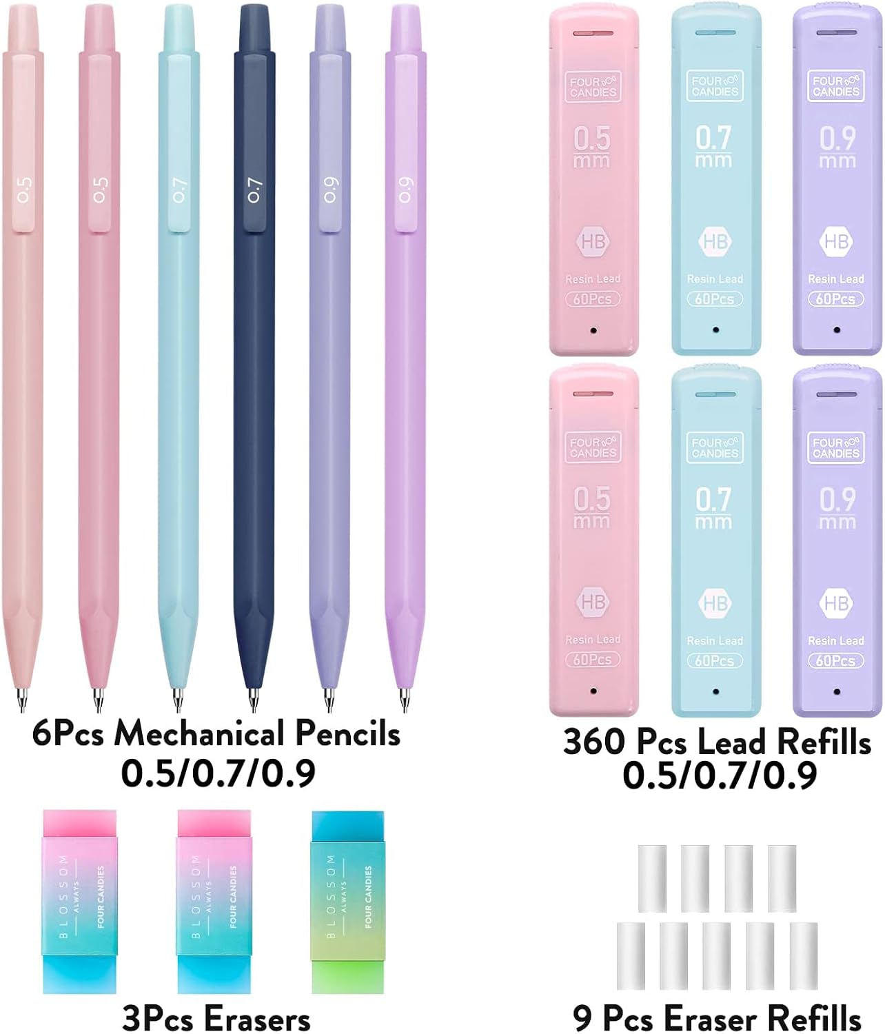 Cute Mechanical Pencil Set, 6-Pack with Case | 0.5/0.7/0.9mm with 360 Leads, 3 Erasers, 9 Eraser Refills, Back to