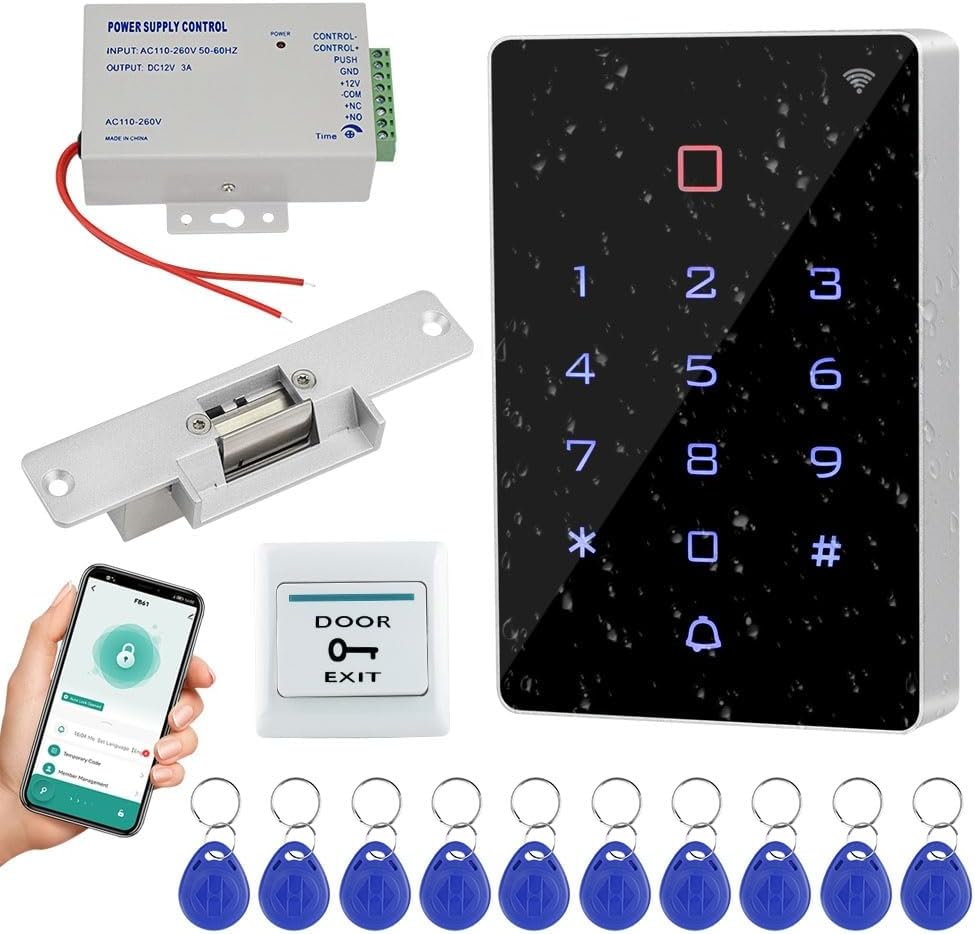 WiFi Tuya APP Access Control System Kit Waterproof RFID Access Control Keypad, Fail-SafeElectric Strike Lock, 12VDC